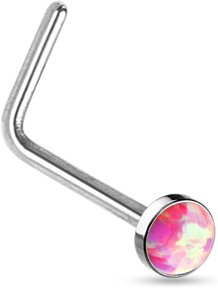 FifthCue 20G Synthetic Opal Set Flat Top PVD Over 316L Surgical Steel L bend Stud Nose Rings - Image 1